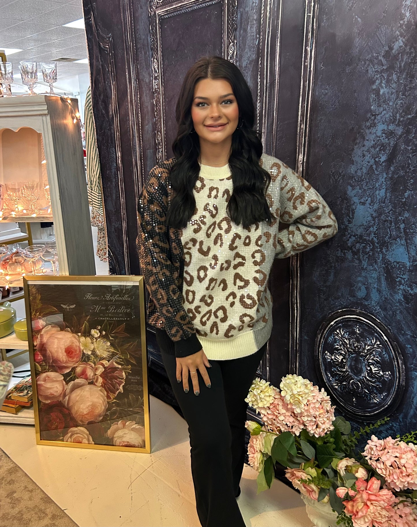Leopard print sweater with clear sequins