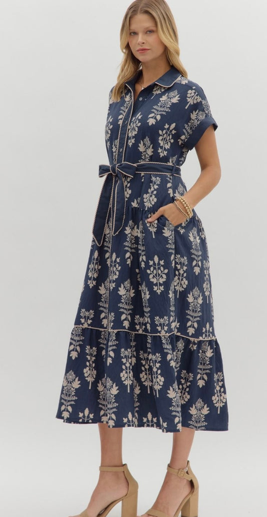 Navy botanical pattern midi dress