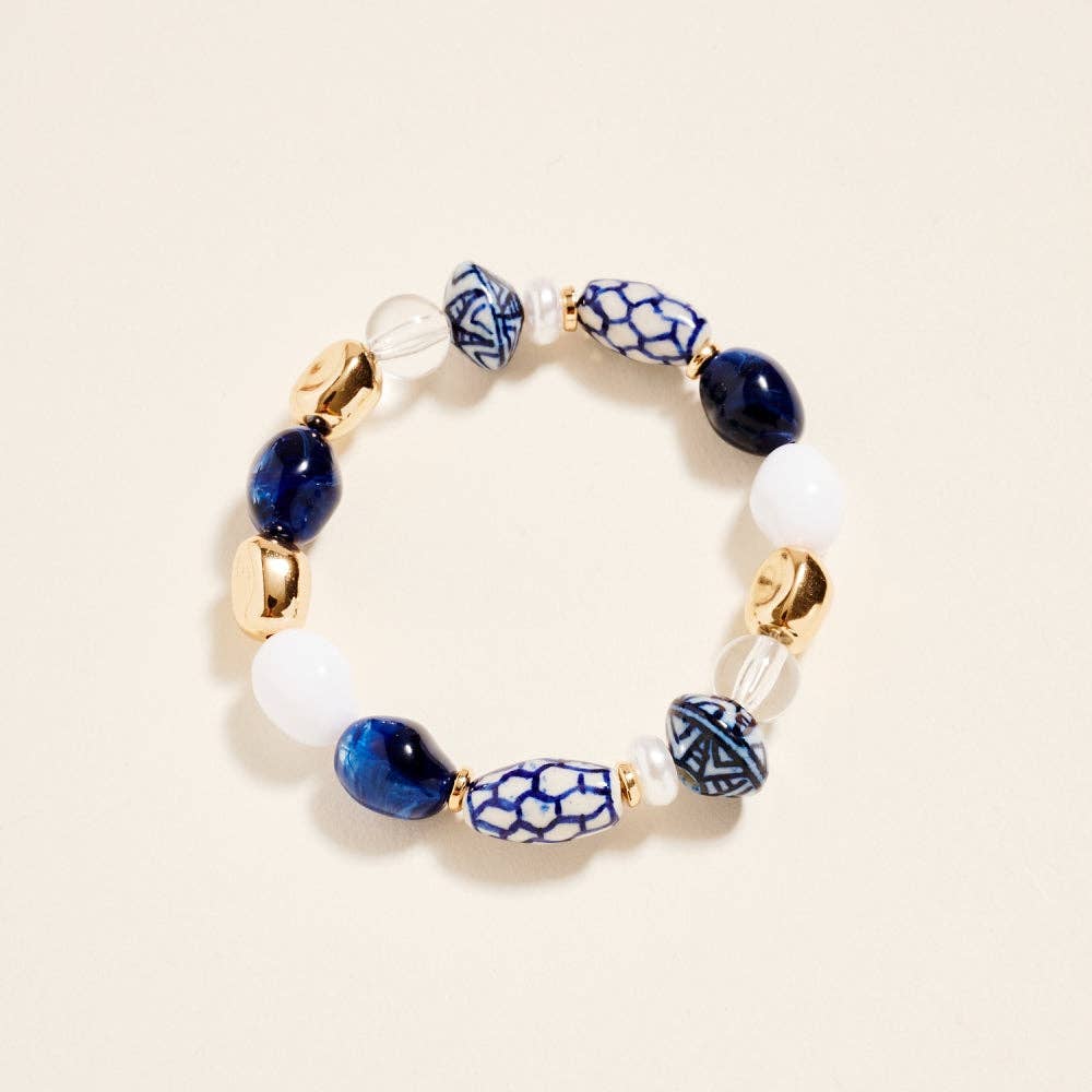 7.25 Inch Marbled Ceramic Metallic Bead Bracelet
