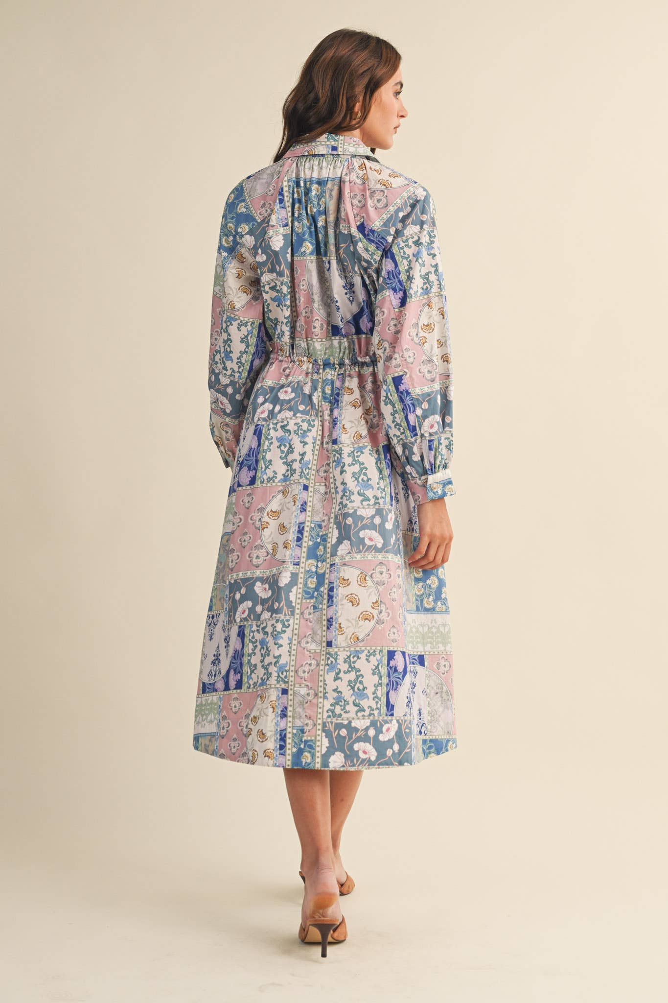 FLORAL PATCHWORK PRINT DRAWSTRING WAIST MIDI DRESS