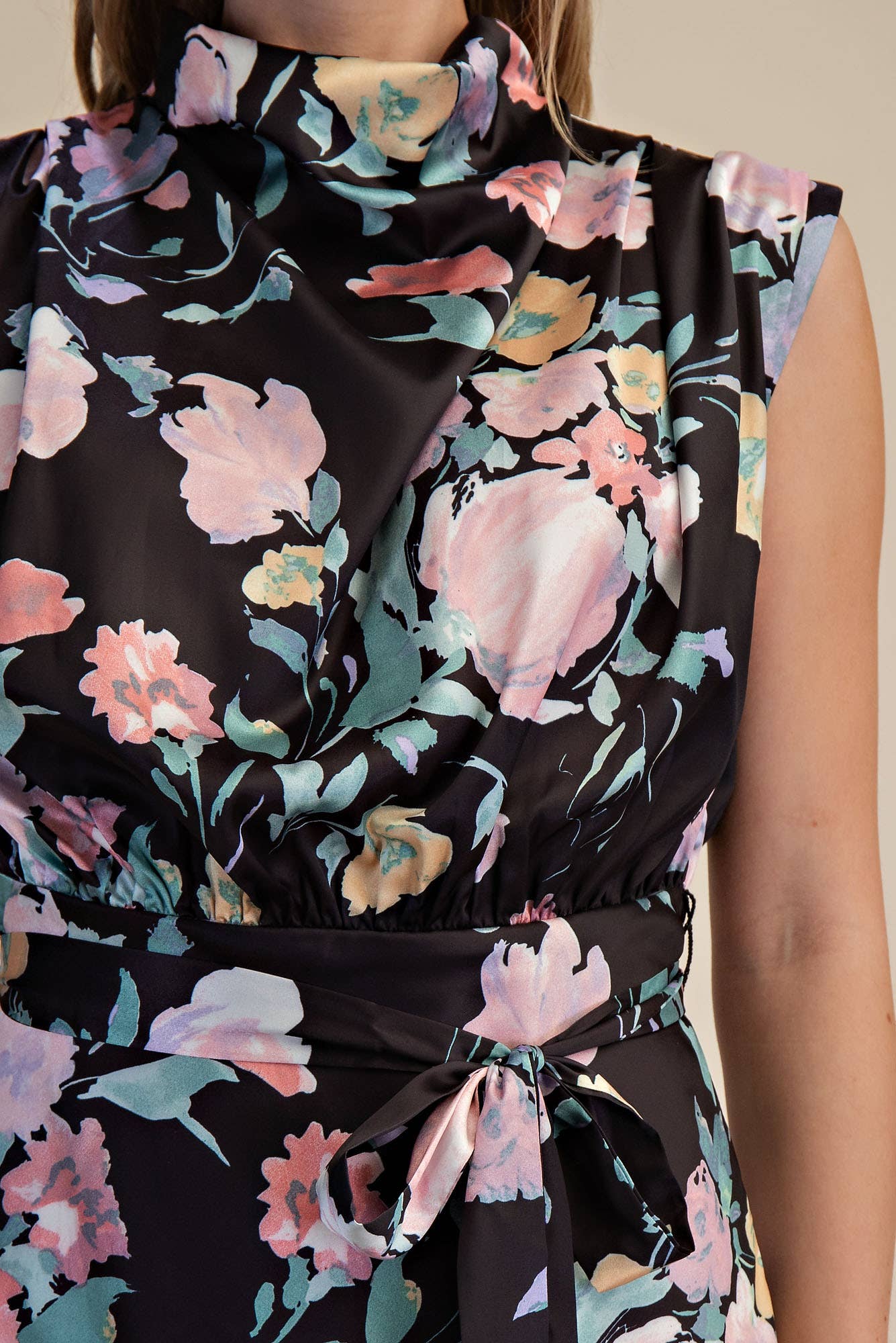 Black Floral Waist Tie Midi Dress
