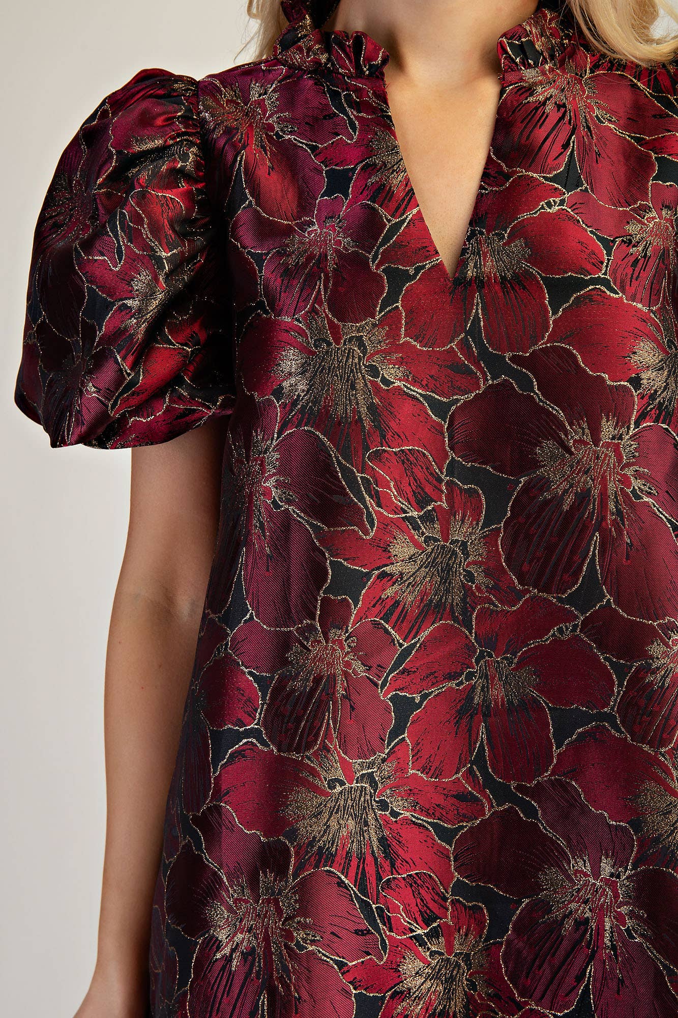 Ruffle V-Neck Puff Sleeve Mini Dress