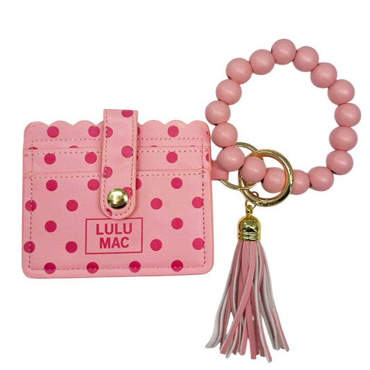 LULU MAC Beaded Wristlet ID Wallet Pink/Hot Pink Dot