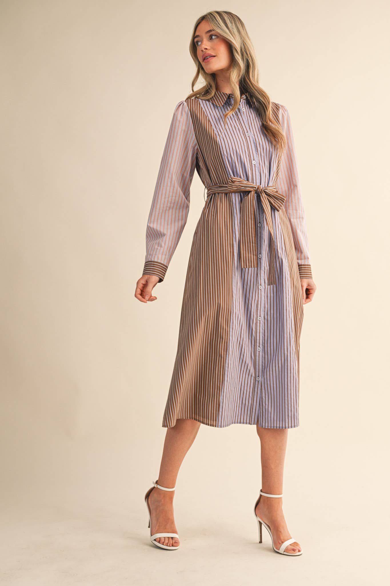 MIXED STRIPE BELTED BUTTON DOWN MIDI DRESS
