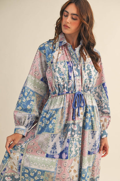 FLORAL PATCHWORK PRINT DRAWSTRING WAIST MIDI DRESS