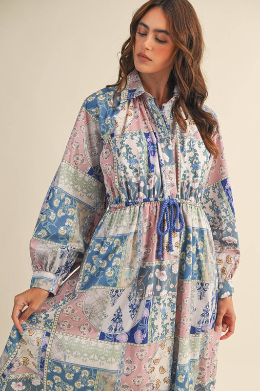 FLORAL PATCHWORK PRINT DRAWSTRING WAIST MIDI DRESS
