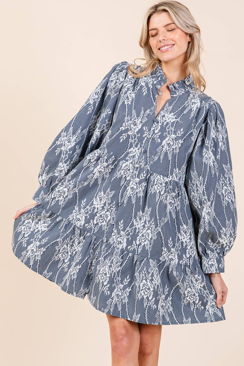 Mesh Floral Embroidered Babydoll Mini Dress