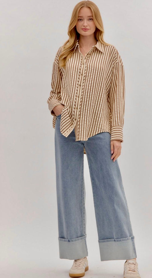 Brown textured shirt with pleated drape hem