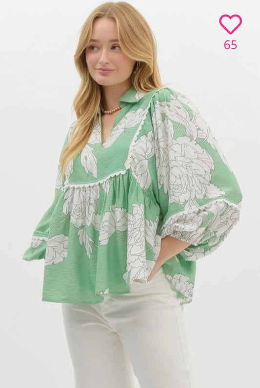 Unveil Nature’s Whisper with this Mint Floral Print 3/4 Sleeve Top