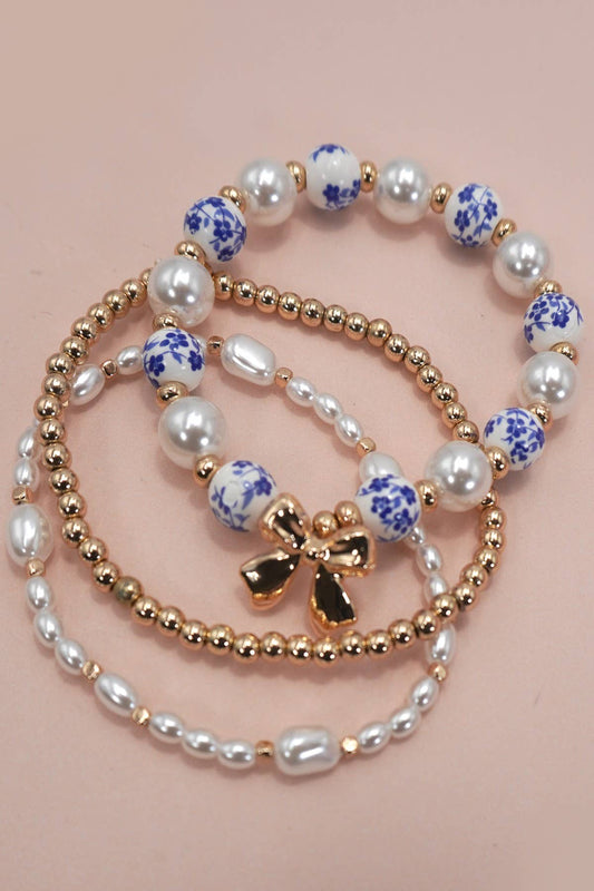 BLUE CERAMIC PORCELAIN BOW MULTI LAYER BRACELET