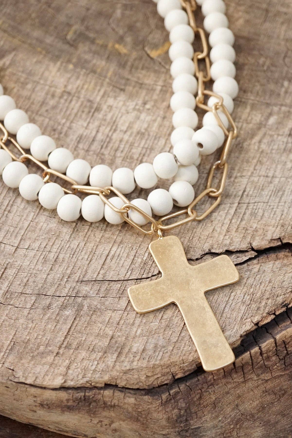 Multi Strand Wood Beads Short Statement Cross Necklace Cream