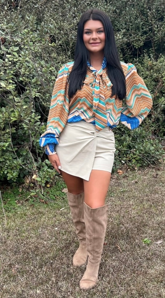 Multi colored top with neck tie