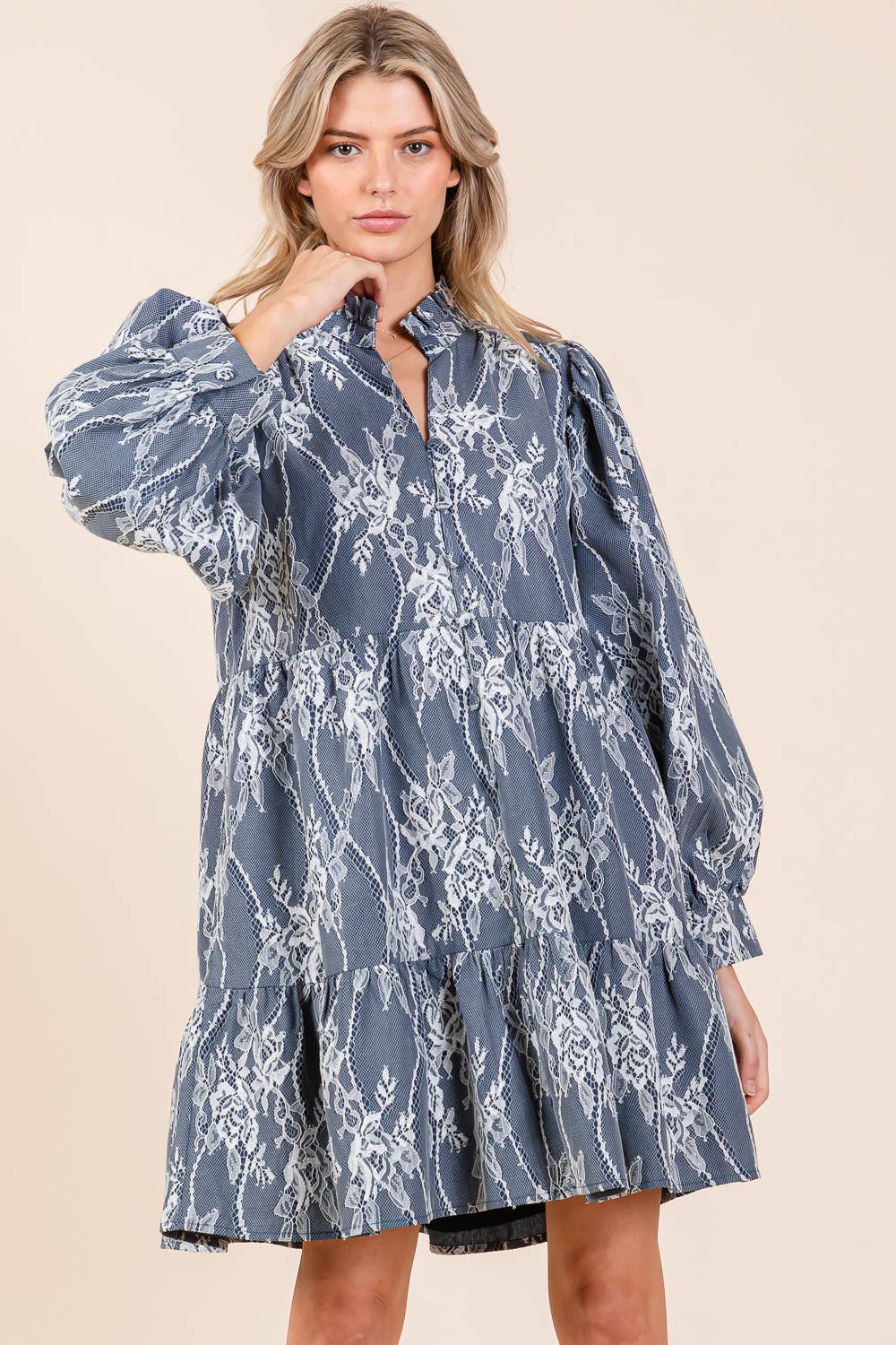 Mesh Floral Embroidered Babydoll Mini Dress