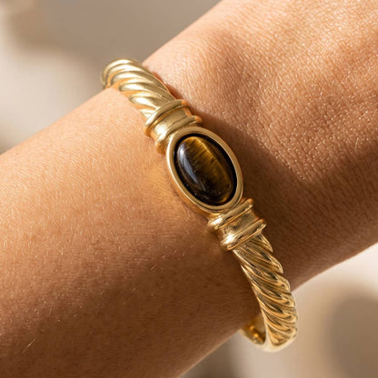 Tiger Eye Rope Twist Hinged Bangle Bracelet