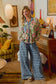 FRAYED DETAIL PLAID WIDE LEG JEANS WITH DUAL POCKETS