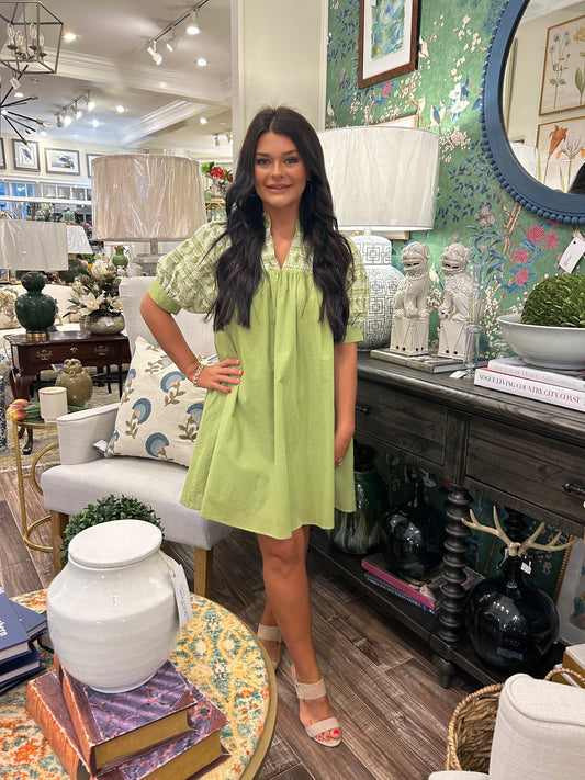 Avocado floral embroidered v neck dress