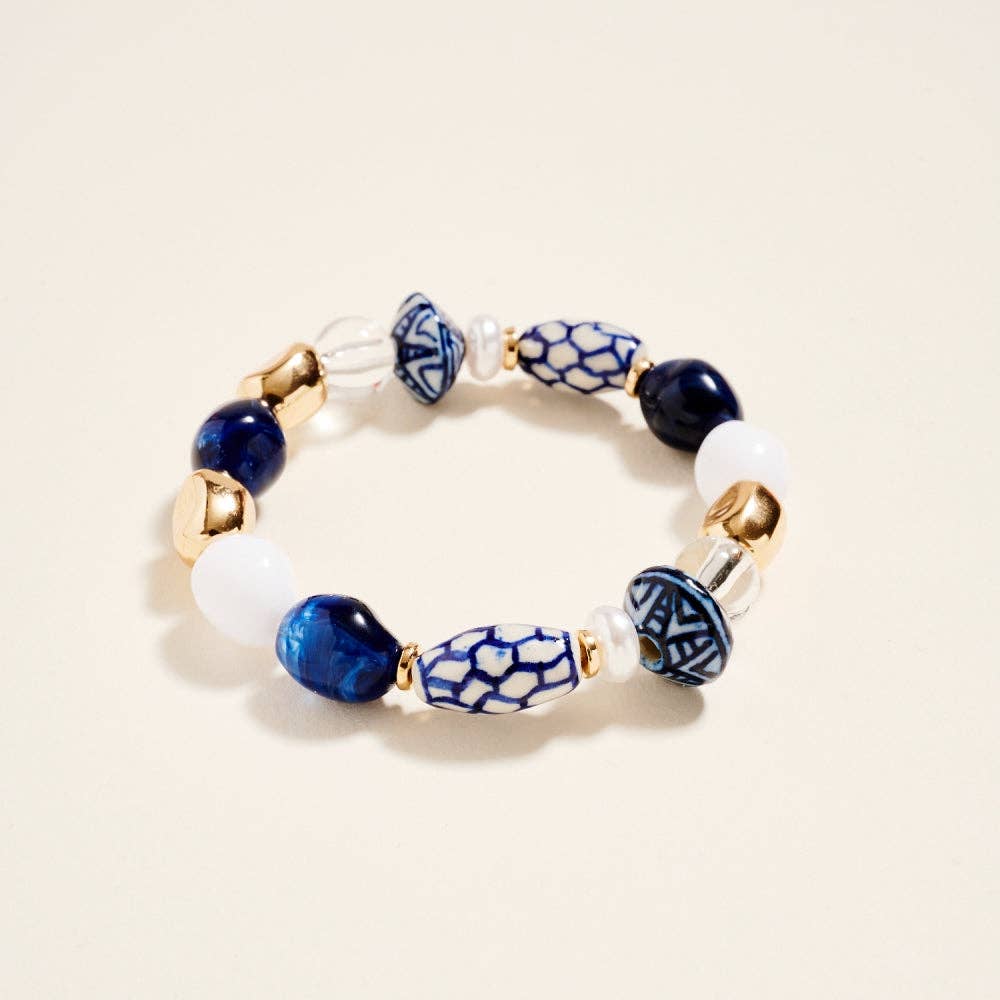 7.25 Inch Marbled Ceramic Metallic Bead Bracelet