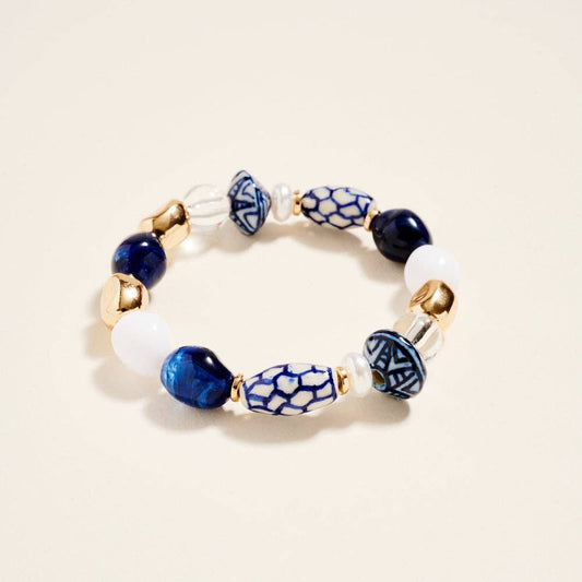 7.25 Inch Marbled Ceramic Metallic Bead Bracelet