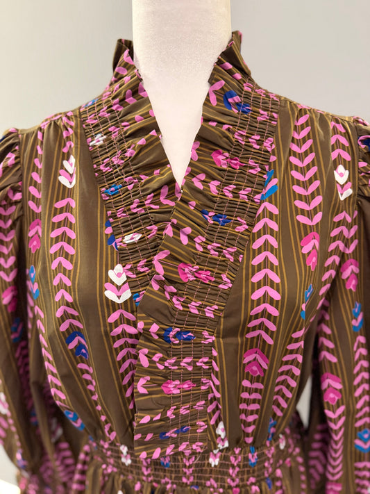 Brown and pink floral fusion midi dress