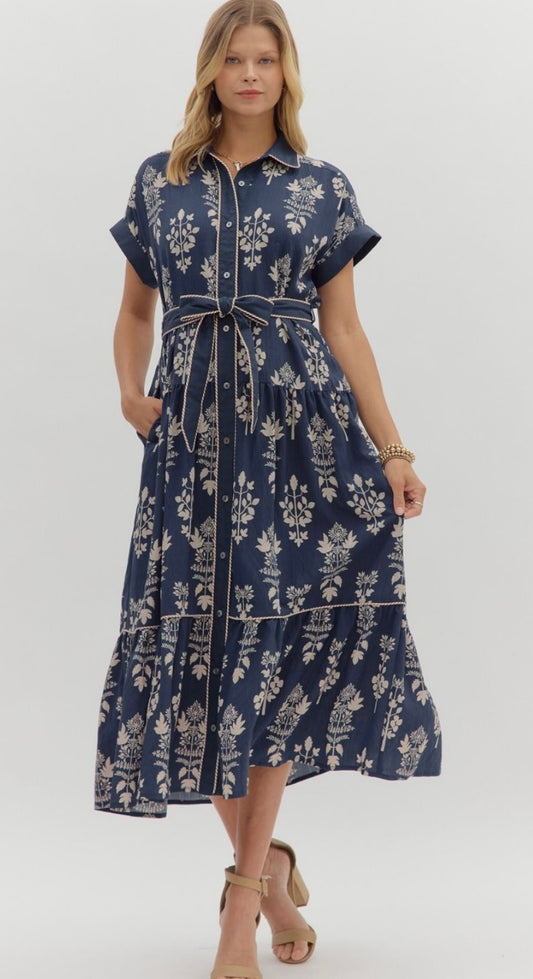 Navy botanical pattern midi dress
