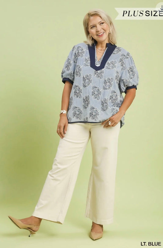 Light blue embroidered shirt with navy collar