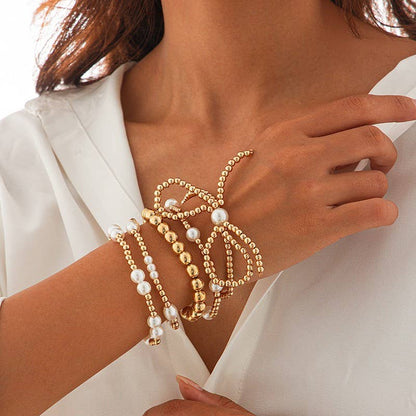 MULTI LAYER BALL CHAIN BEAD PEARL BOW BRACELET
