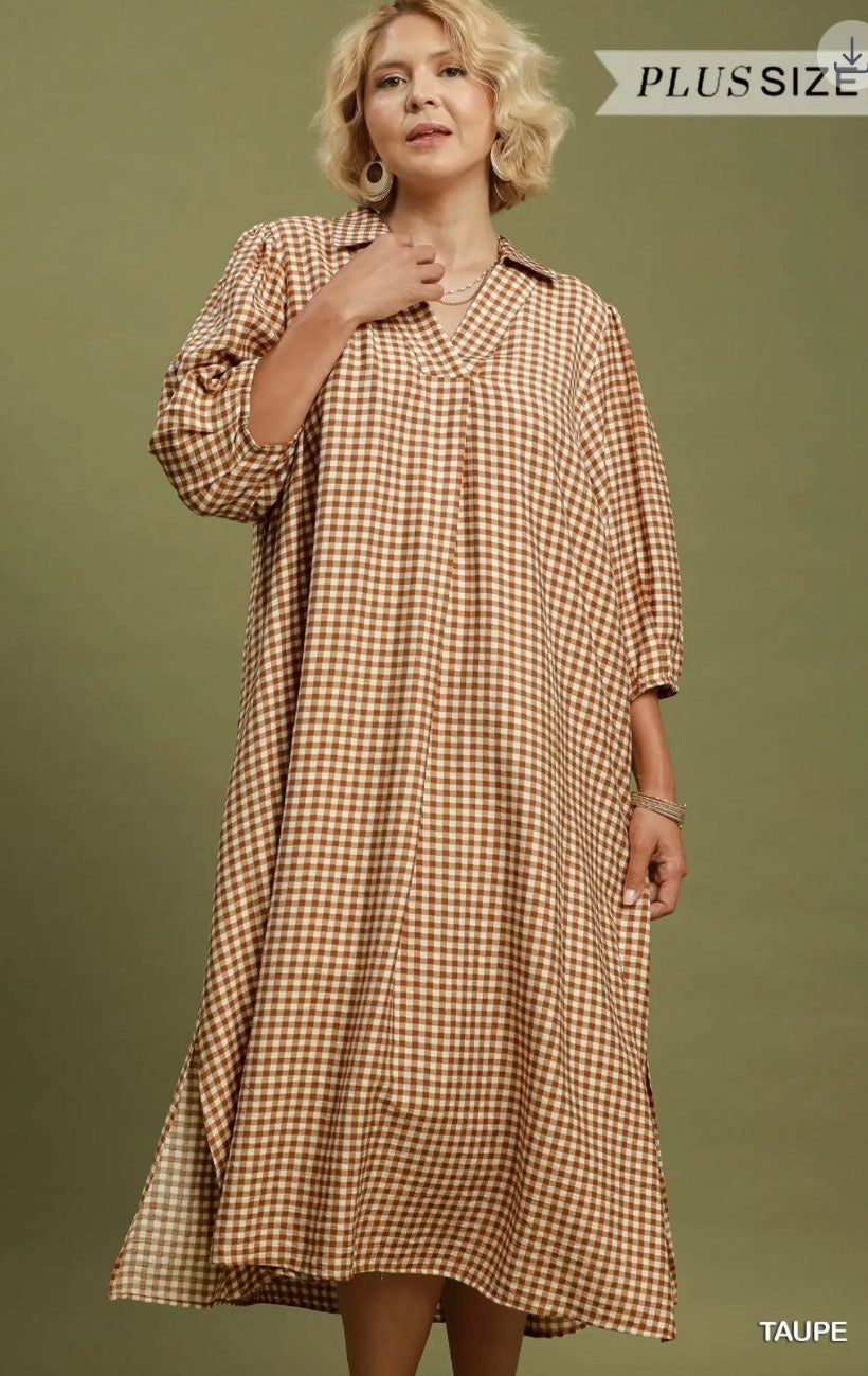 Baylor Taupe Gingham Dress (Curvy Sizes)