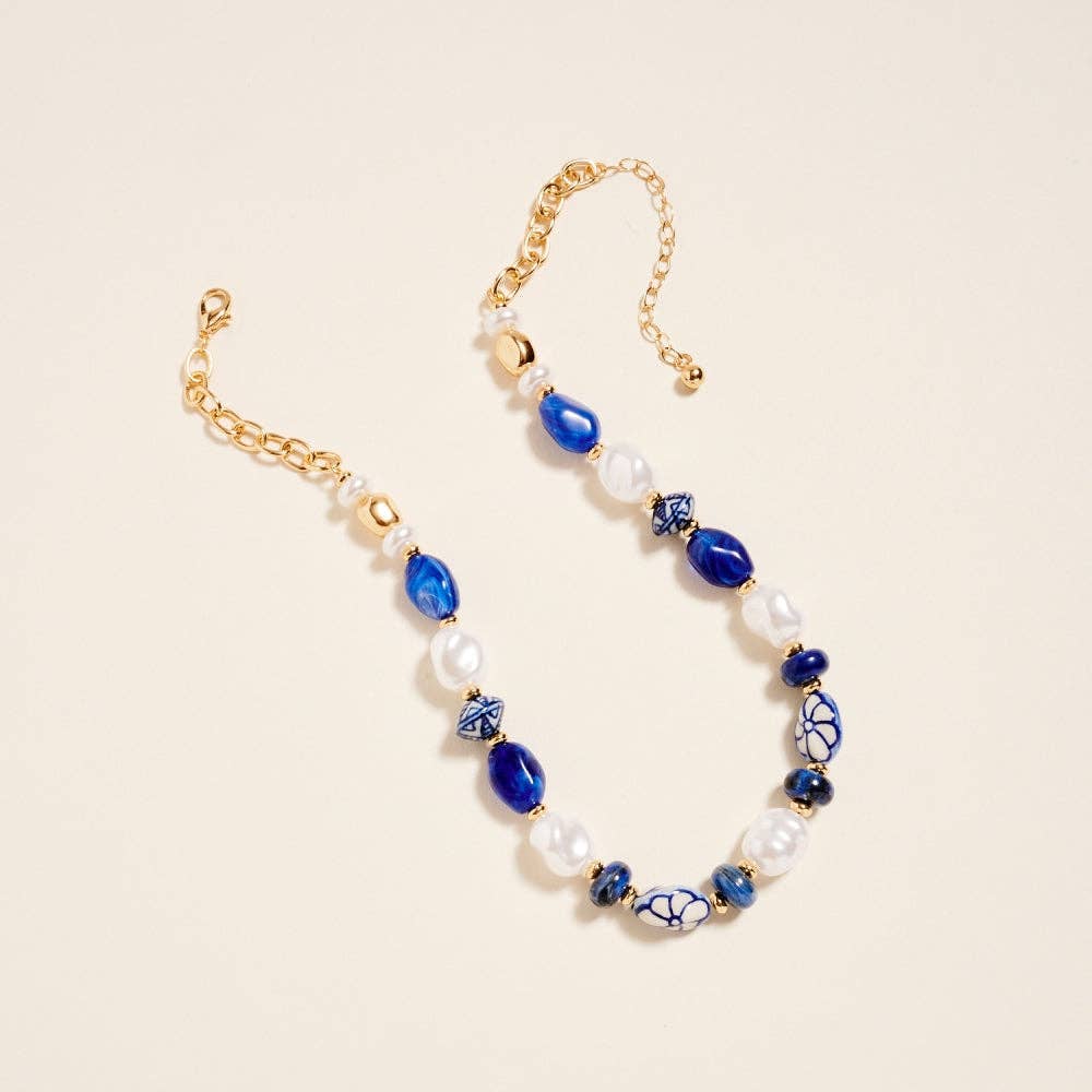 18 Inch Chunky Marbled Ceramic Bead Pearl Necklace