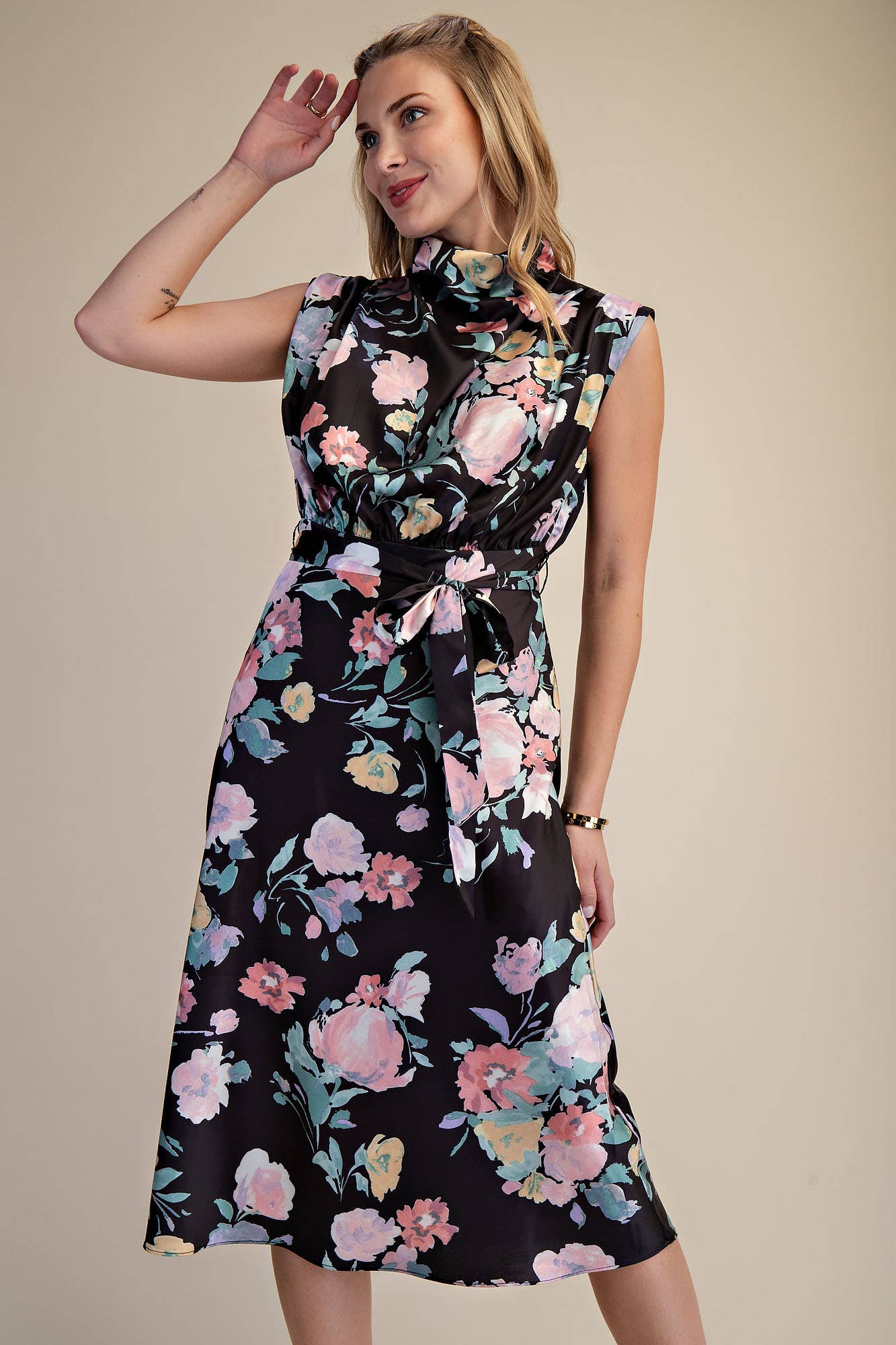 Black Floral Waist Tie Midi Dress
