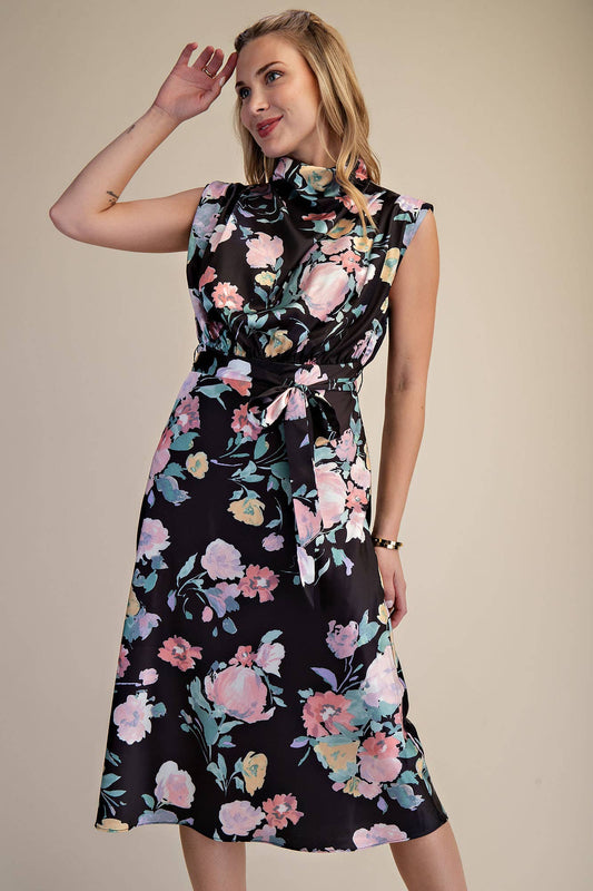 Black Floral Waist Tie Midi Dress