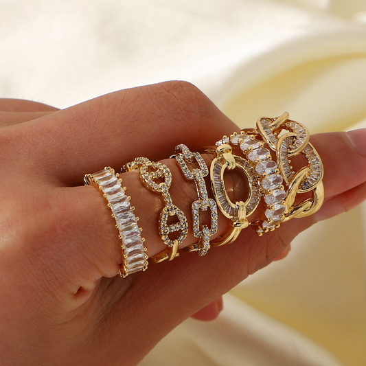 18K Gold Plated Stainless Steel with CZ Adjustable Rings (set of 5)