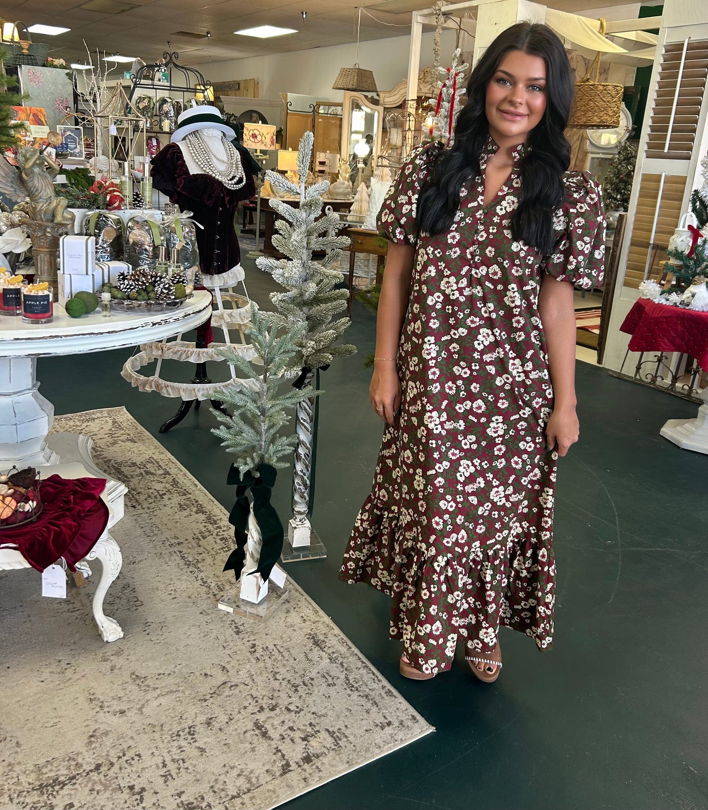 Burgundy floral midi dress