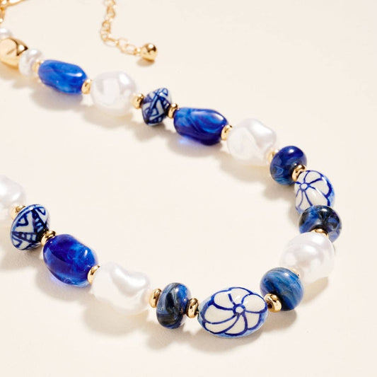 18 Inch Chunky Marbled Ceramic Bead Pearl Necklace