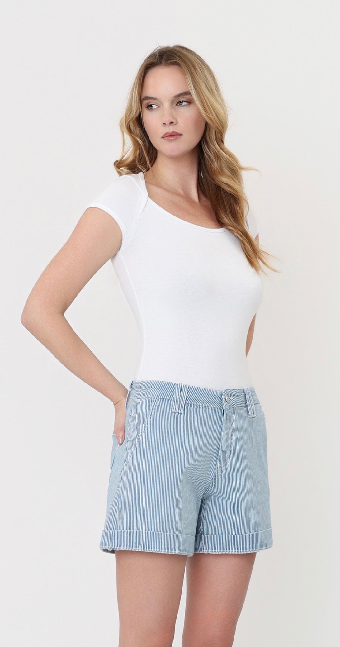 Lovervet by Vervet-High Rise Cuffed Striped A Line Shorts