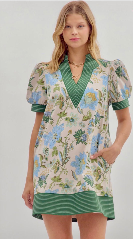 Ecru floral dress with green contrast band