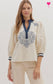 Cream and Navy embroidered V Neck