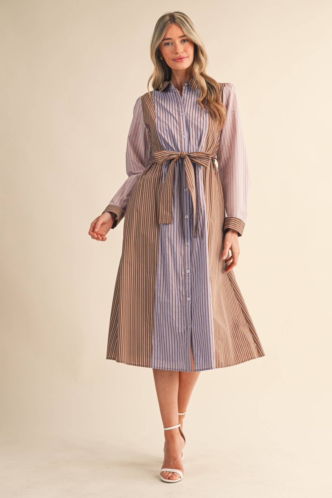 MIXED STRIPE BELTED BUTTON DOWN MIDI DRESS