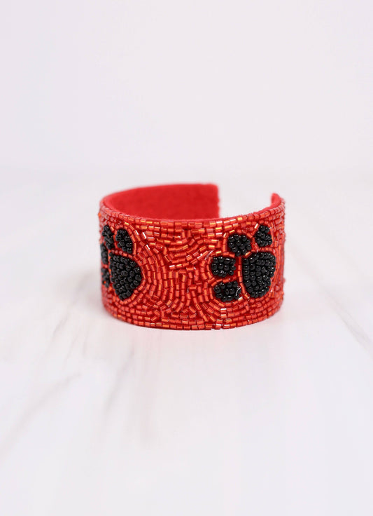 Caroline Hill - Patty Paw Beaded Cuff Bracelet RED