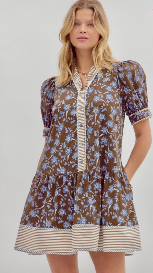 Brown floral and abstract babydoll dress with pockets