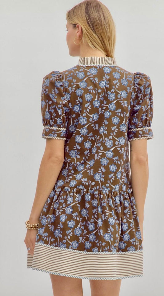 Brown floral and abstract babydoll dress with pockets