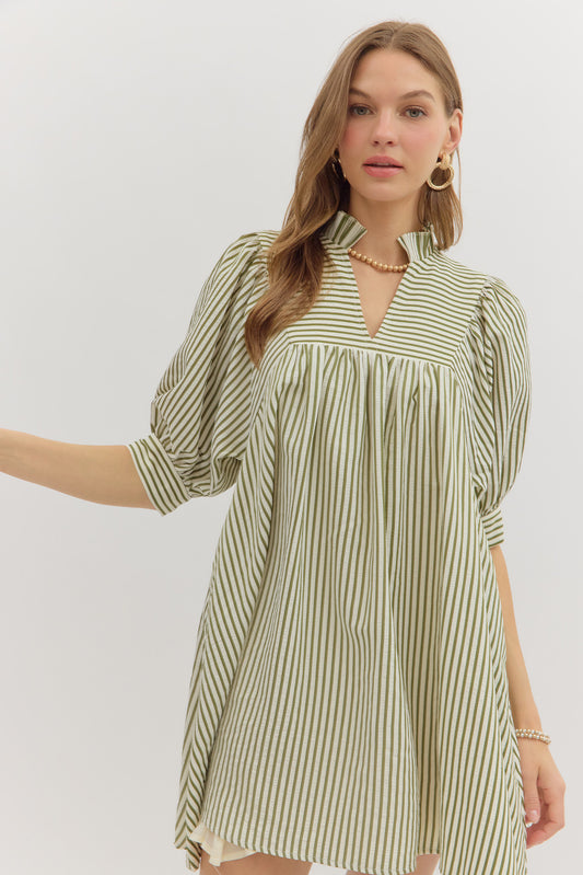 Striped Seersucker V-Neck Dress