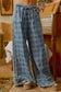 FRAYED DETAIL PLAID WIDE LEG JEANS WITH DUAL POCKETS