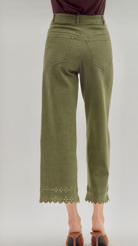 Olive pants with embroidered hem