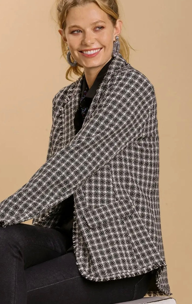 Plaid tweed blazer with pearl buttons