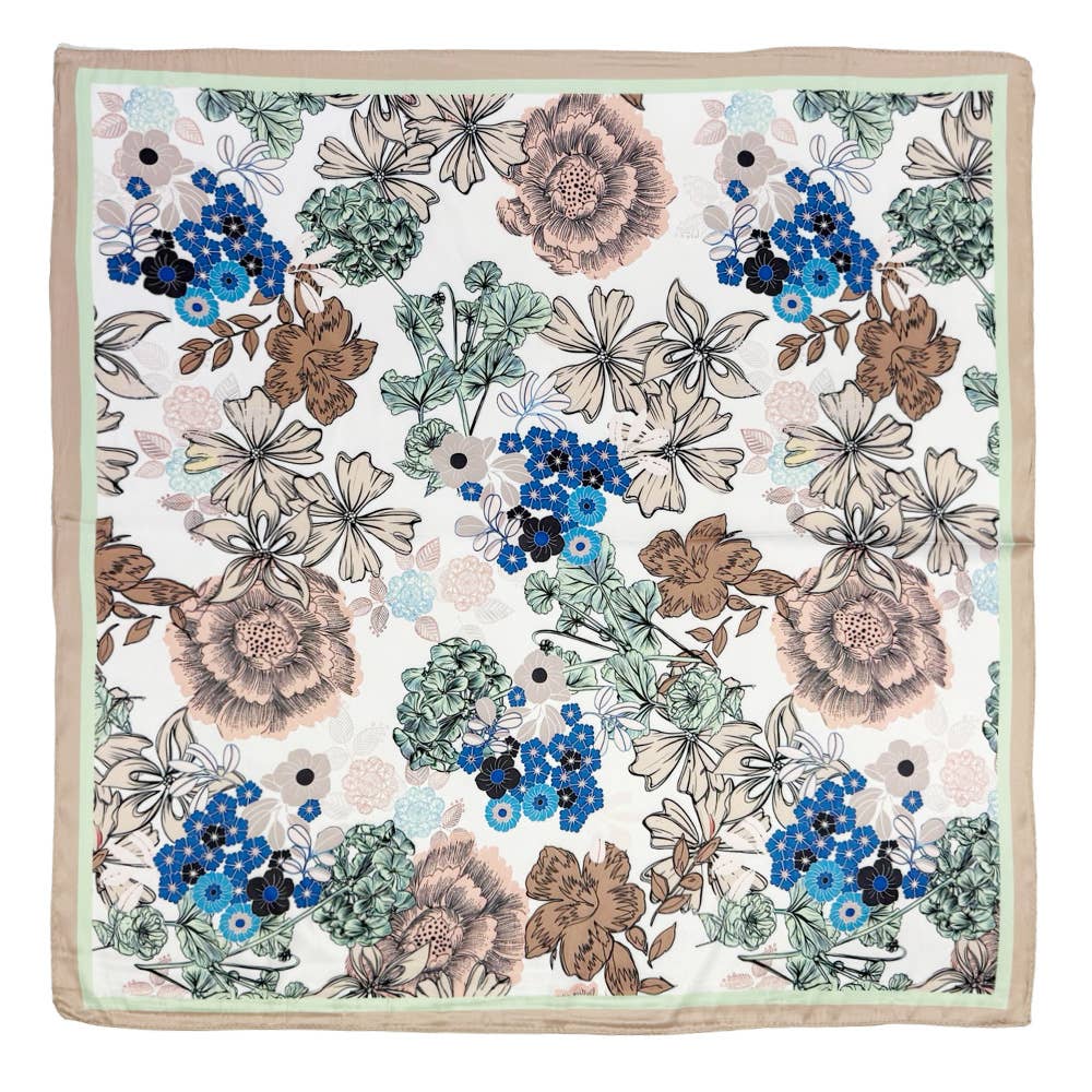 Earthy Floral Garden Printed Square Silky Satin Scarf