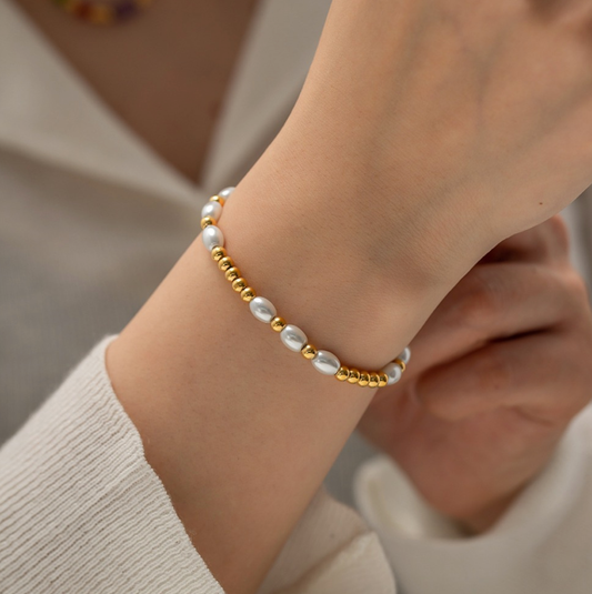 18K Gold Plated Stainless Steel & Faux Pearl Bracelet