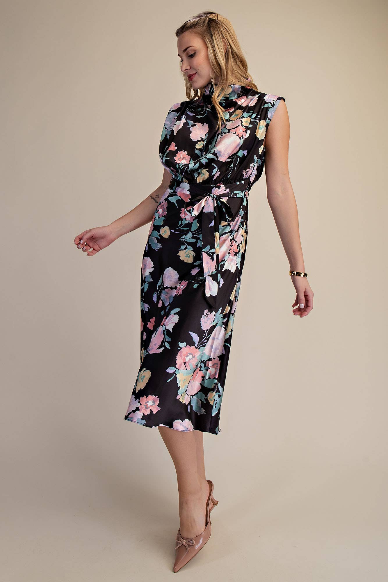 Black Floral Waist Tie Midi Dress