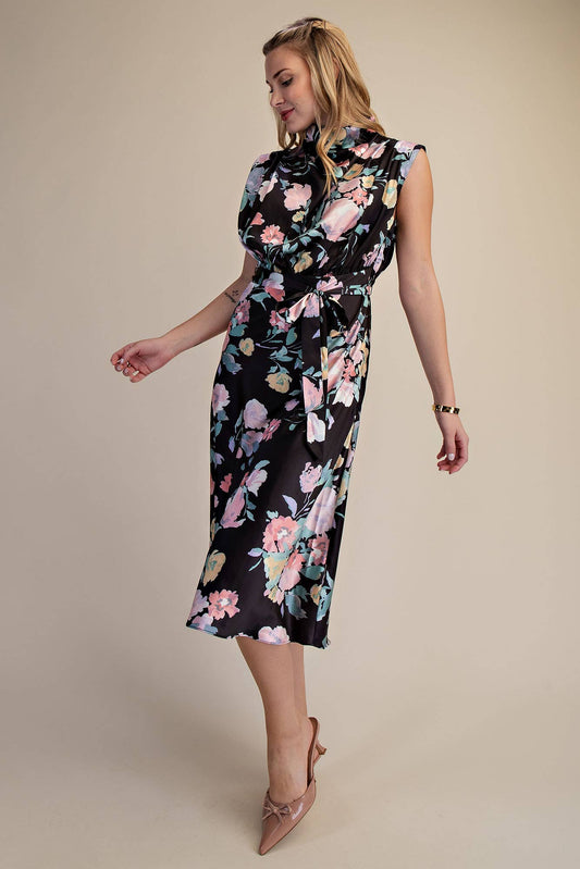 Black Floral Waist Tie Midi Dress