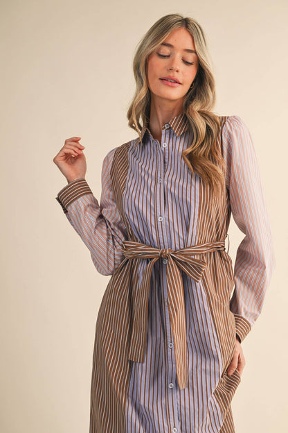 MIXED STRIPE BELTED BUTTON DOWN MIDI DRESS
