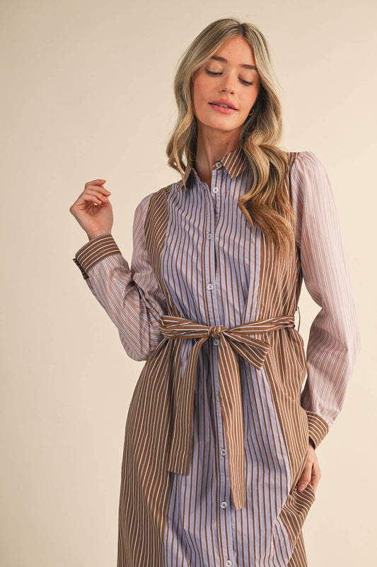 MIXED STRIPE BELTED BUTTON DOWN MIDI DRESS